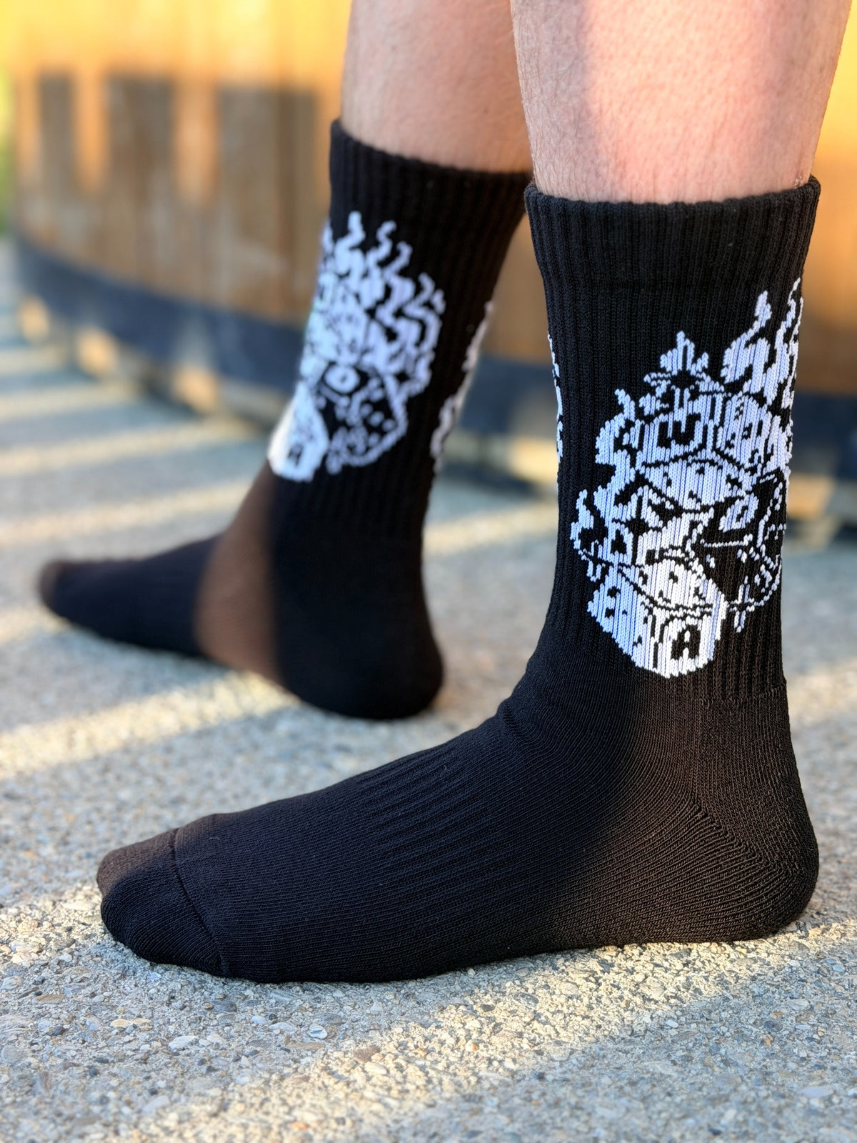 Roll the Dice black mountain bike riding socks with white artwork